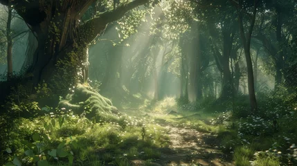 Poster Monde féerique Sunlight filters through the lush, green forest canopy, illuminating a tranquil woodland path lined with foliage and wildflowers.  © kittikunfoto