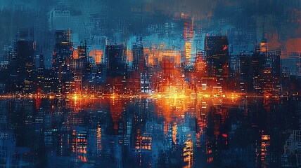 Futuristic cityscape with vibrant lights and reflections at night