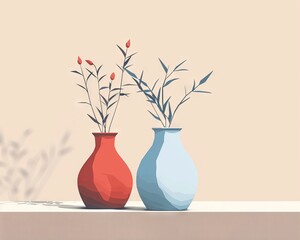 Minimalist illustration of two vases, one red and one blue, with simple leaves and flowers on a soft background.