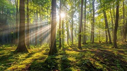 Sunlight streams through tall, lush trees in a serene, green forest, creating a peaceful and magical scene.