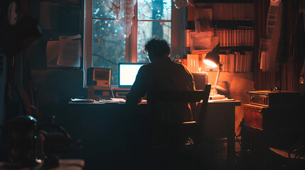 A person working on laptop in the dark ,generative ai