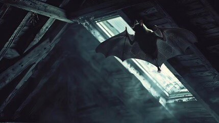 enigmatic bat silhouette with whispering wings flitting through an eerie twilight in an abandoned attic digital painting