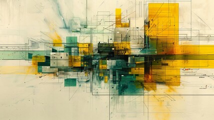 Technical drawing exploration with splashes of yellow and green against a muted backdrop