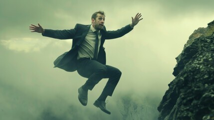 Man in a suit jumping perilously from a rocky cliff, enveloped by dense, dramatic fog and mist in the background.