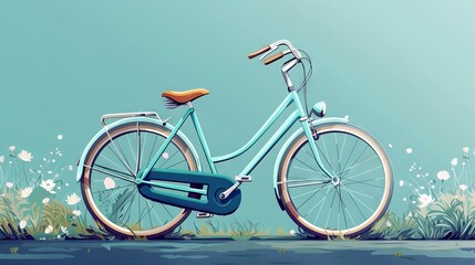 Vintage blue bicycle with a brown saddle, set against a turquoise background with flowers. Elegant and nostalgic transport concept.