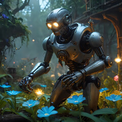 Fototapeta premium a robot that is standing in the grass with flowers