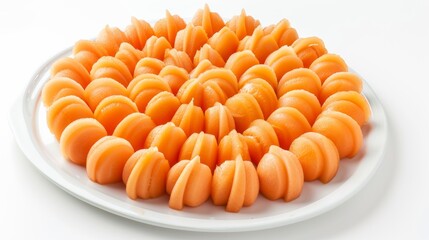 Sliced fresh cantaloupe artfully arranged in a concentric pattern on a white plate, showcasing its vibrant orange color.