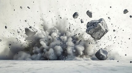 flying rock debris on abstract white powder explosion background 3d rendering illustration