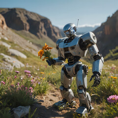 Naklejka premium a robot that is holding a flower in his hand