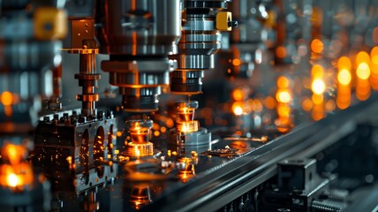 Sleek, automated machinery manufactures shining metal parts efficiently