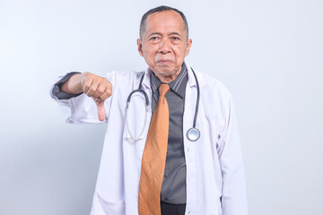 Professional Senior Doctor Man Giving Thumbs Down Or Dislike Isolated On White Background