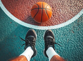Close up of a basketball player's feet with a ball on an outdoor court, from a high angle view,...