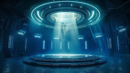 Blue-toned futuristic stage illuminated by central spotlight