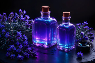 Obraz na płótnie Canvas Aromatherapy violet essential oil bottles with lavender flowers on a stone base against a dark background.