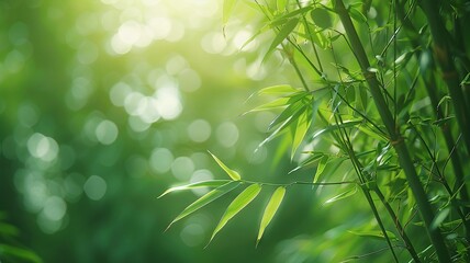 Sunlit bamboo grove with delicate green leaves and sturdy stalks