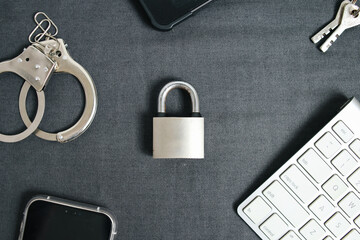 Cyber Protection. Padlock, Handcuffs, Keyboard, Key And Smartphone Over Gray Background