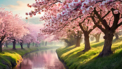 Pink cherry trees in full bloom, symbolizing renewal and freshness in a lush garden backdrop