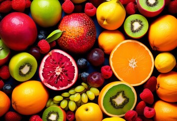 vibrant tropical fruit showcase, fruits, colors, exotic, display, fresh, produce, colorful, arrangement, exhibit, ripe, mangoes, juicy, pineapples, citrusy, oranges