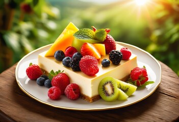 creamy cheesecake slice fresh fruit topping, dessert, sweet, delicious, treat, indulgent, decadent, strawberries, blueberries, raspberries, kiwi, mango, garnish