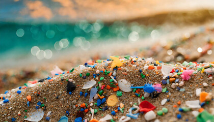 sand littered by microplastics, highlighting environmental pollution and plastic waste crisis