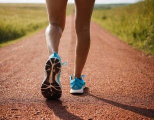 A woman runs on a road with a red fence in the background