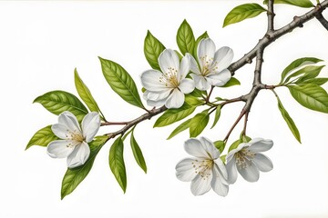 Obraz premium Branch with leaves and flowers on a white background Selective soft focus 