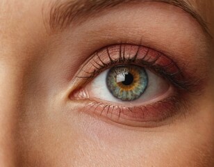 A woman's eye is open and has a green and yellow color