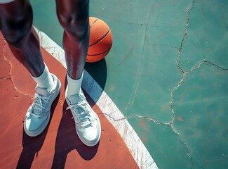 Close up of an African American basketball player's legs with sneakers holding a ball on an outdoor court, from a high angle view - Powered by Adobe