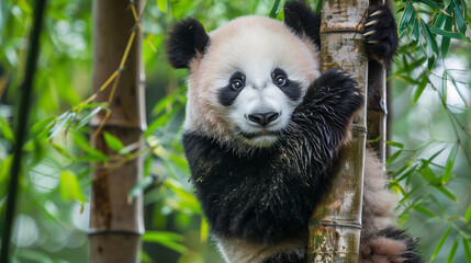 Obraz premium A giant panda hanging from a bamboo tree, with a cute facial expression, Ai generated Images