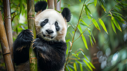 A giant panda hanging from a bamboo tree, with a cute facial expression, Ai generated Images