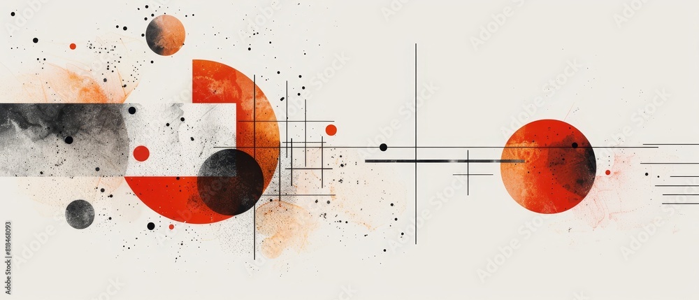 Poster modern abstract artwork featuring geometric shapes, splashes of color, and dynamic lines in a contem
