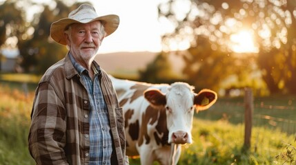 Portrait of a senior male farmer standing in front of his cow in field, confident farmer standing with cow in the Country