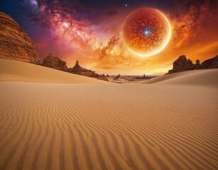 A desert landscape with a large orange sun in the sky