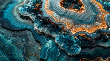 Stunning macro shot of vibrant blue and orange geode crystal formations, showcasing intricate...