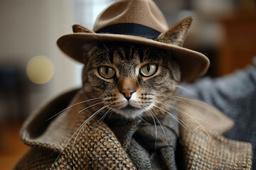 Whimsical Cat Detective, Close-Up of Feline in Tweed Hat and Coat, Exuding Mystery and Charm