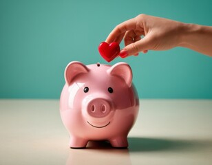 A hand is putting a heart into a pink piggy bank