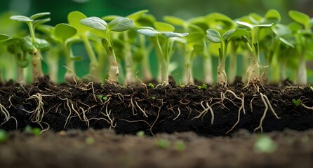 Close up view of the soil cross section with roots and young green plant growths growing in rows on top, stock photo, photorealistic, green background, banner for garden center store website