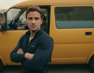 A man in a black jacket stands in front of a yellow van