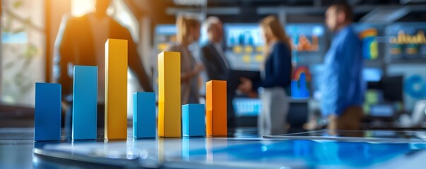 Group of professionals discussing statistics and financial data, emphasizing collaboration and effective management, with modern office background