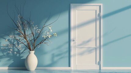 Closed door white on blue wall background, banner, copy space