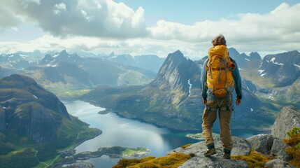 A hiker with a yellow backpack admires a stunning mountain and lake view from a high vantage point.