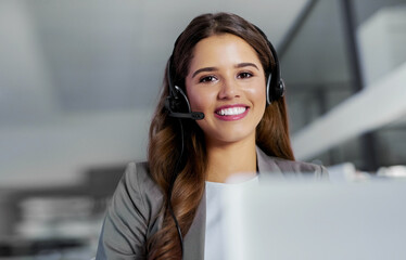 Woman, call center and portrait with consulting in office for customer service, support or...