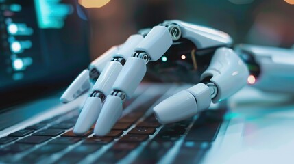 Robot hands point to laptop button advisor chatbot robotic artificial intelligence concept