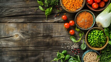 An overhead shot of a nutritious plant-based meal with fresh vegetables, grains, and legumes on a rustic wooden table, leaving blank space for text or graphics