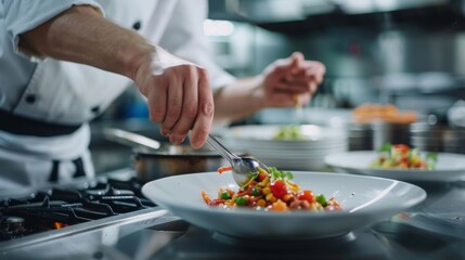 Close-up of a chef's hands preparing innovative plant-based dishes in a professional kitchen, with a clean area left for copy space or graphics
