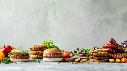A vibrant display of innovative plant-based meat alternatives on a kitchen counter, featuring burgers, sausages, and nuggets with blank space for promotional text or graphics