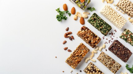 A selection of packaged plant-based snacks, including kale chips, protein bars, and nut mixes, neatly arranged on a white background with clear blank space for text or graphics
