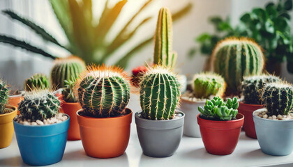 Colorful cactus collection in vibrant pots on white shelf