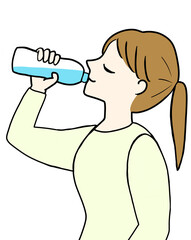 水を飲む女性　ペットボトル　長袖　イラスト