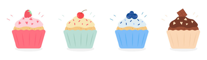 Set of different delicious cupcakes icons. Raspberry, chocolate, cherry and blueberry. Dessert vector illustration design. Isolated on white background.